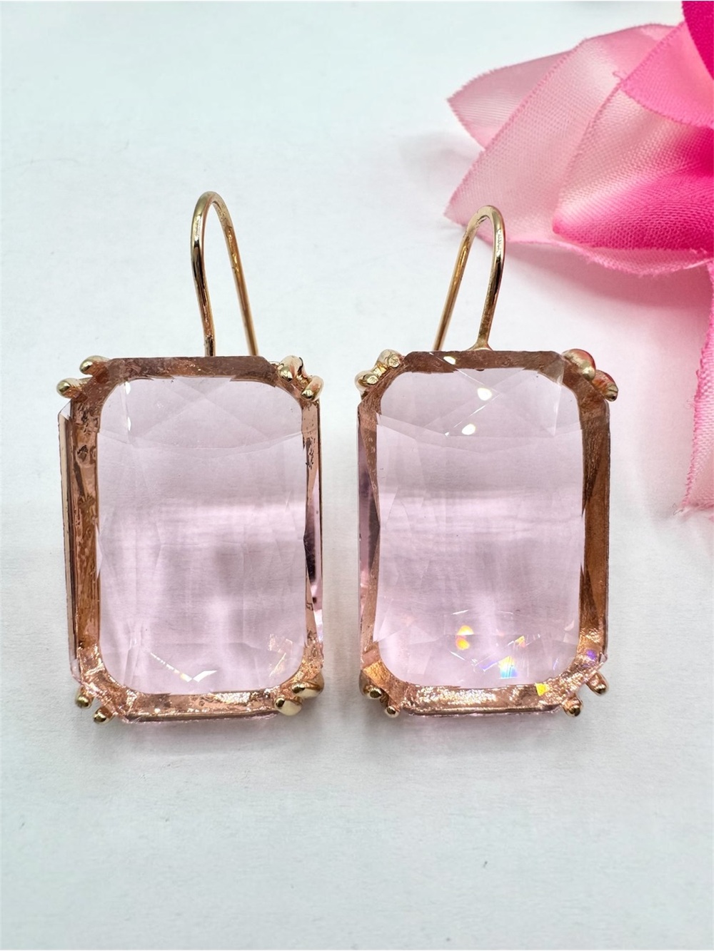 Huge Blush Pink Crystal Dangle Earrings Prong Set Barbiecore Girly Feminine